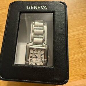 Geneva mens Diamond Tank Francaise Rectangular Silver watch- NEW WITH TAGS